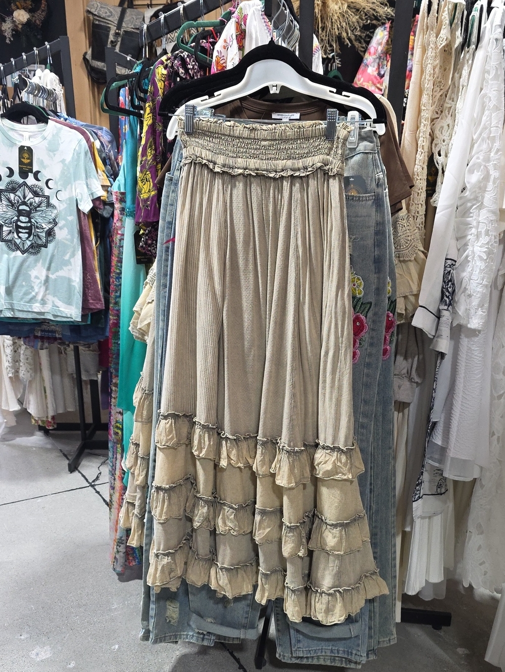 SOLD! Young Threads Latte Boho Cream Maxi Skirt with Layered Ruffles - Picture 10 of 10